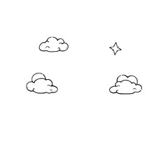 Cartoon illustration of a starry night sky with fluffy clouds and a single star.