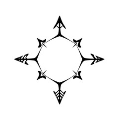 Compass Rose Symbol with Arrows Circling Central Point, Black Line Drawing on White.