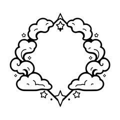 Cloud Frame with Stars: Black and white abstract illustration of a cloud-shaped frame with stars.