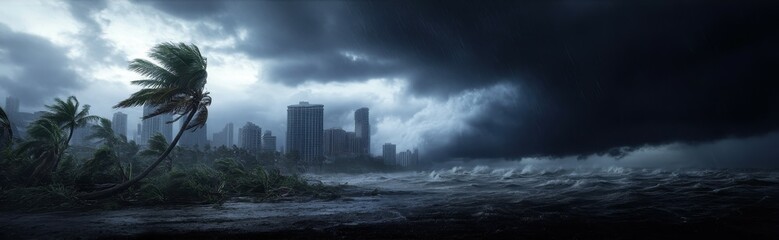 Fierce hurricane winds hit coastal city with dark stormy sky