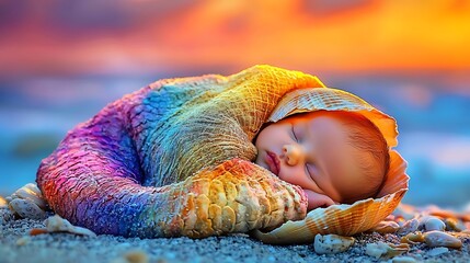 Beach Sunset Newborn Baby Sleeping Mermaid Blanket