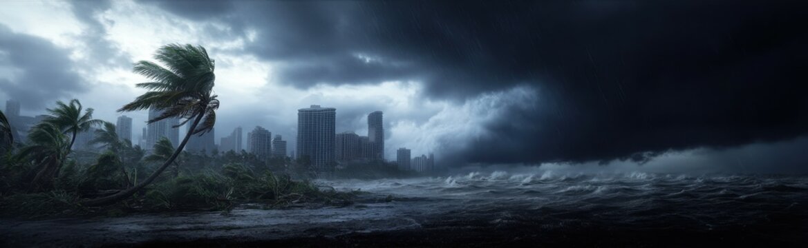 Fierce hurricane winds hit coastal city with dark stormy sky