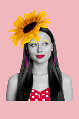 Art image vertical photo collage of happy dreamy girl wear sunflower bloom haircare salon treatment procedure painted eyebrows