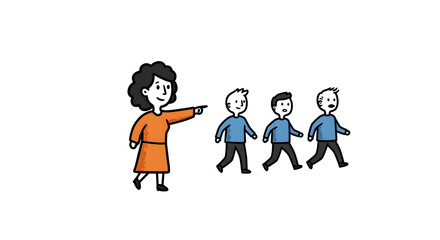 Woman Leader Directing Group of Boys Walking Together Forward on White. Generative AI