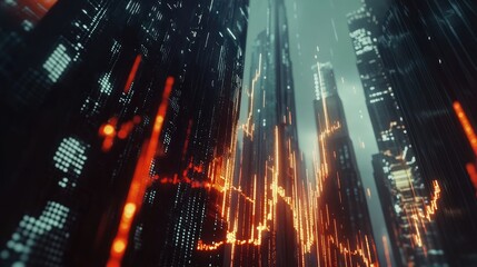 Dynamic stock market graph displaying financial trends and growth, showcasing data visualization in a modern urban setting.