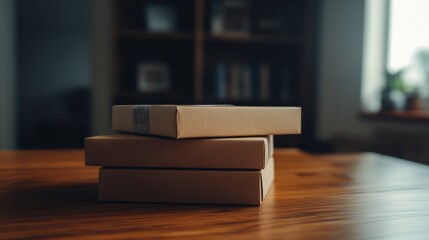 Three parcels on wooden table, home office background