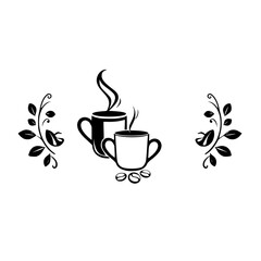 Minimalist coffee cups and leaves logo design.
