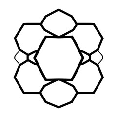 Fototapeta premium Centered geometric diagram of interconnected, stacked hexagons with thick black outlines on a white background.