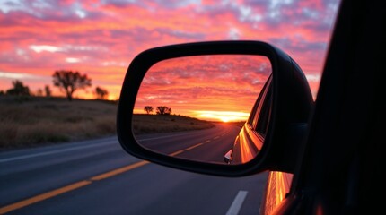 Stunning sunset reflected in the side mirror of a car with scenic road ahead