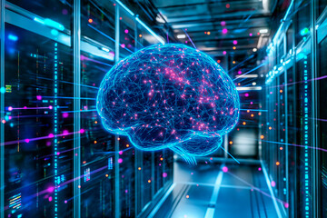 Futuristic glowing brain with neural connections in a server room symbolizing artificial intelligence and data networks