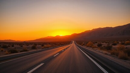 Stunning sunset over an empty highway stretching into the distant mountains