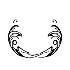 Abstract black and white symmetric decorative element with an Art Nouveau aesthetic, featuring swirling patterns and circular elements.