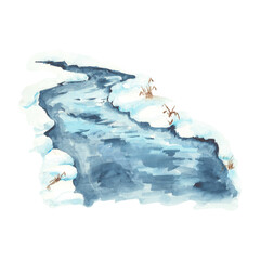 River with banks in snow and grass watercolor illustration hand drawn. Stream with blue water. Isolated illustration for creating seasonal landscape, posters, scenes, postcards. The blue surface lake.