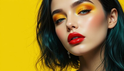 The image features a woman with bold red lips and vibrant yellow eyeshadow against a striking yellow background. Cool tones give her face a subtle bluish tint. With space for text, this photo is perfe