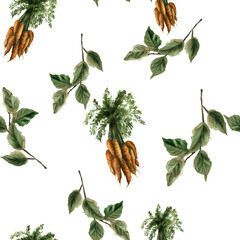 Watercolor seamless background from the vegetable garden with carrots and greens.
