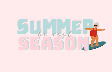 old woman with gray hair in a swimsuit is surfing. Cool and funny grandma with summer season concept. Vector background