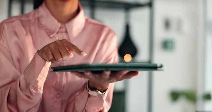 Business, hands and woman touch tablet in office for user experience, homepage navigation and testing app. Web designer, scroll or digital tech for UX design, webpage coding or checking visual layout