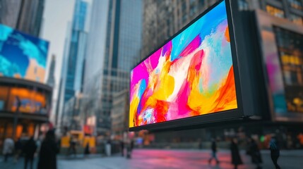 Digital screen in an urban landscape showcasing dynamic marketing content emphasizing the impact of digital advertising urban engagement and technological advancements in marketing