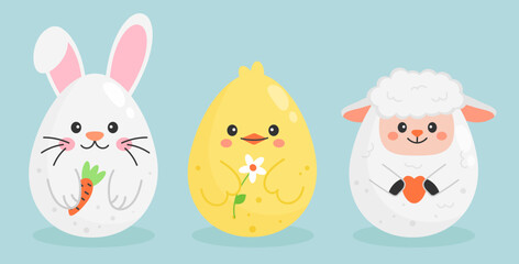 Cute easter egg animals. Bunny, chick and sheep. Holiday characters. Vector illustration isolated