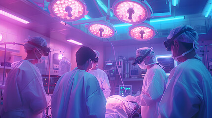 High-tech hospital scene showing surgeons using augmented reality technology for precise brain surgery, with real-time data and visualizations.



