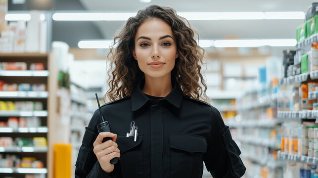 A confident female security officer in a store, holding a walkie-talkie, maintaining safety and surveillance in a retail environment.