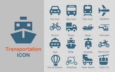 minimalist set of transportation icons featuring cars, buses, trains, airplanes, bicycles, boats, and more. Perfect for use in transportation apps, travel websites, vehicle tracking systems