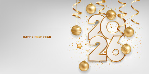 Happy new year 2026. White paper numbers with golden Christmas decoration and confetti on white background. Holiday greeting card design.