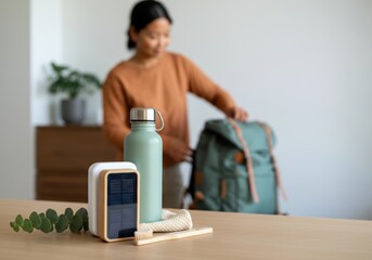Focused woman with backpack and eco-friendly travel essentials on table