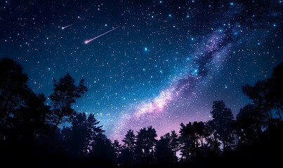 Naklejka premium Night Sky with Milky Way Stars and Shooting Stars Above a Silhouetted Forest