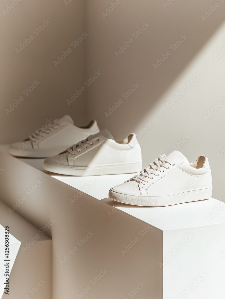 Poster stylish sneakers displayed on a minimalist shelf in a bright space with ample room for customization