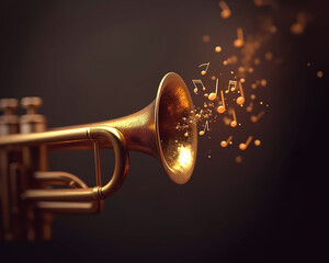 Artistic rendering of a bell of trumpet on blurred background.  notes are emanating from the bell signifying music being played.