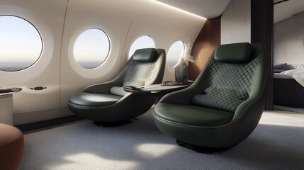 Obraz premium Luxurious private jet interior seating area with panoramic view