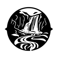 Circle composition of a waterfall cascading into a river, stylized black and white minimalist illustration, graphic.