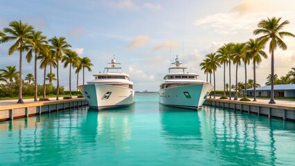 Fototapeta premium Serene Luxury Yachts Docked in Tropical Paradise with Palm Trees and Calm Waters at Sunset