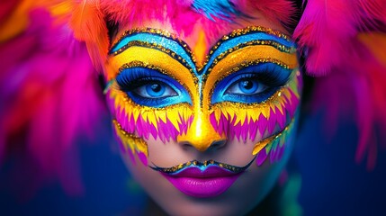Obraz premium Vibrant Carnival Mask Fantasy - A model with bright, colorful carnival mask makeup, symbolizing celebration, artistry, mystery, fantasy, and joy