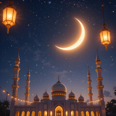 Majestic mosque at night under crescent moon and stars peaceful night on transparent background eid