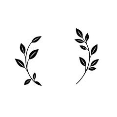 Minimalist Black Branch with Leaves on White, symmetrical.