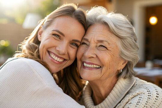 mom and daughter A joyful young woman embraces her grandmother, both smiling warmly, surrounded by soft natural light, highlighting their loving relationship.