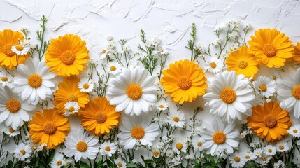 Fototapeta premium Vibrant arrangement of yellow and white flowers on a textured background, evoking freshness and joy
