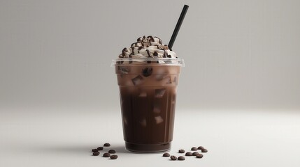 Iced Mocha Coffee in Cup with Coffee Beans on White Background