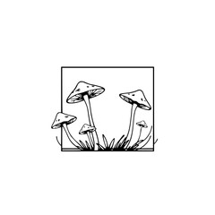 Minimalist black and white illustration of mushrooms framed by a square border.