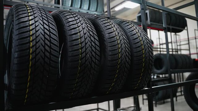 All-season tires on store rack with deep tread pattern