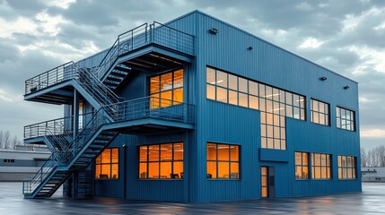 Obraz premium A modern blue industrial building with large windows and a staircase.