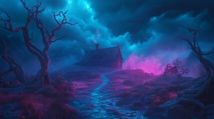Obraz premium Spooky path beyond the valley, digital art, with dark tones. Spooky house in a mysterious and intriguing atmosphere.
