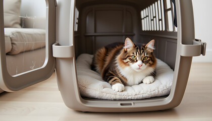 Cat relaxing inside pet carrier on cozy bedding