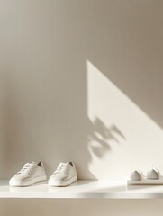 Minimalist shoe shelf showcasing stylish sneakers with a clean design and ample blank space for personalized text. Generative AI