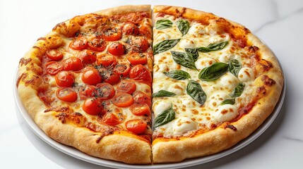 Half Tomato and Half Margherita Pizza on White Plate