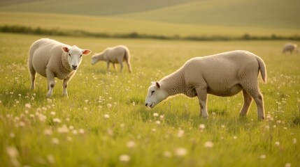Obraz premium Peaceful Sheep Grazing in Lush Green Meadow Under Soft Golden Light
