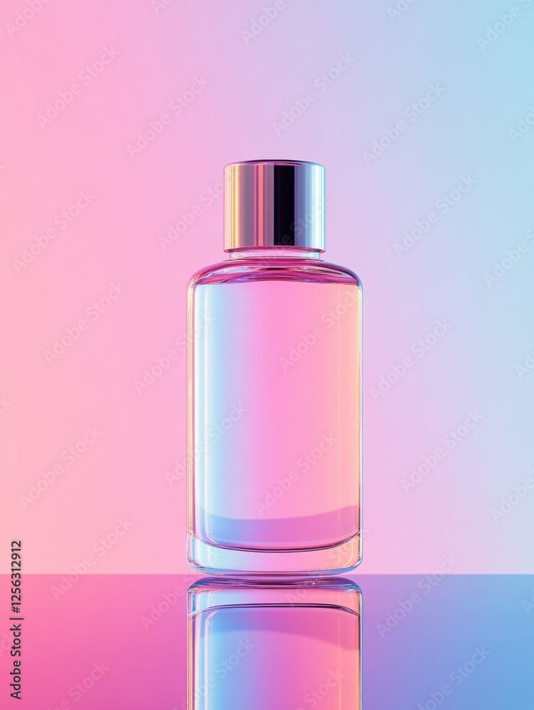 Fototapete sleek cosmetic bottle set on reflective surface with pastel backdrop and space for text. generative 
