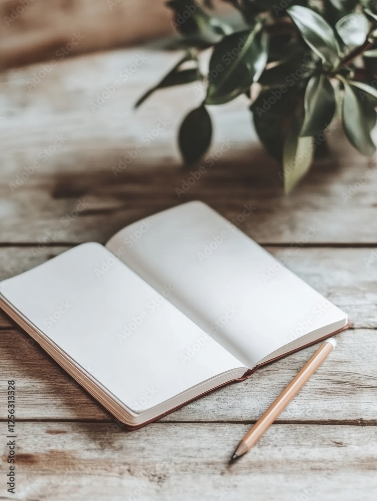 Poster open notebook with pencil placed on bright wooden desk in spacious area suitable for writing and cre
